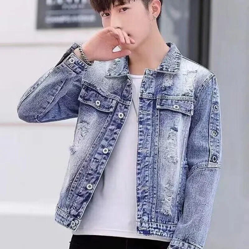 

Men Denim Jacket Slim Baseball Clothing Trendy Letter Break Hole Design Coat Blue Lapels Single Breasted Top Rock Men's Clothing