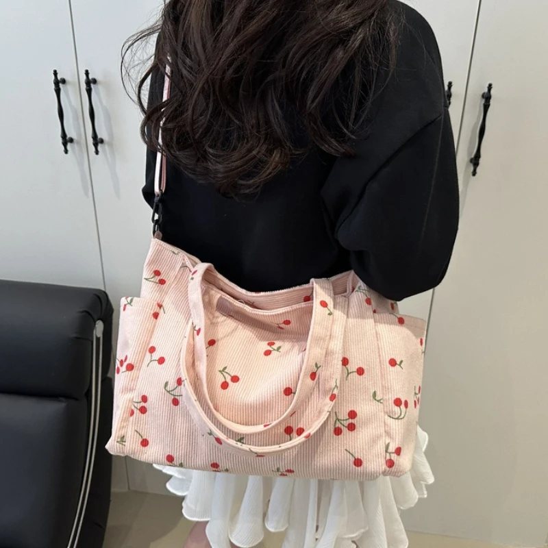 Chic Cherry Print Corduroy Shoulder Bag with Adjustable Strap Large Capacity Handbag Casual Style for Women Crossbody Purse