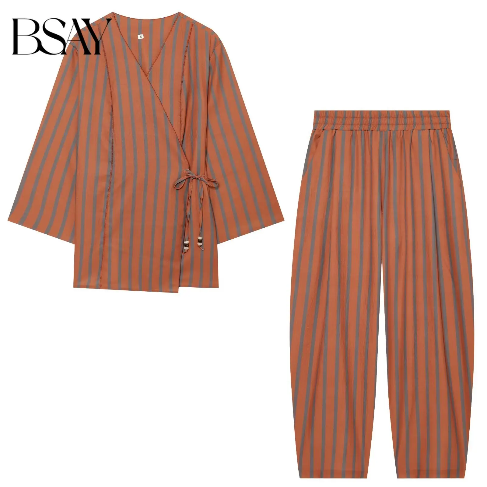 BSAY New Fashion Women Striped Matching Set V Neck Wrap Side Tie Three Quarter Sleeve Top Elastic Waist Harem Pants Daily Outfit