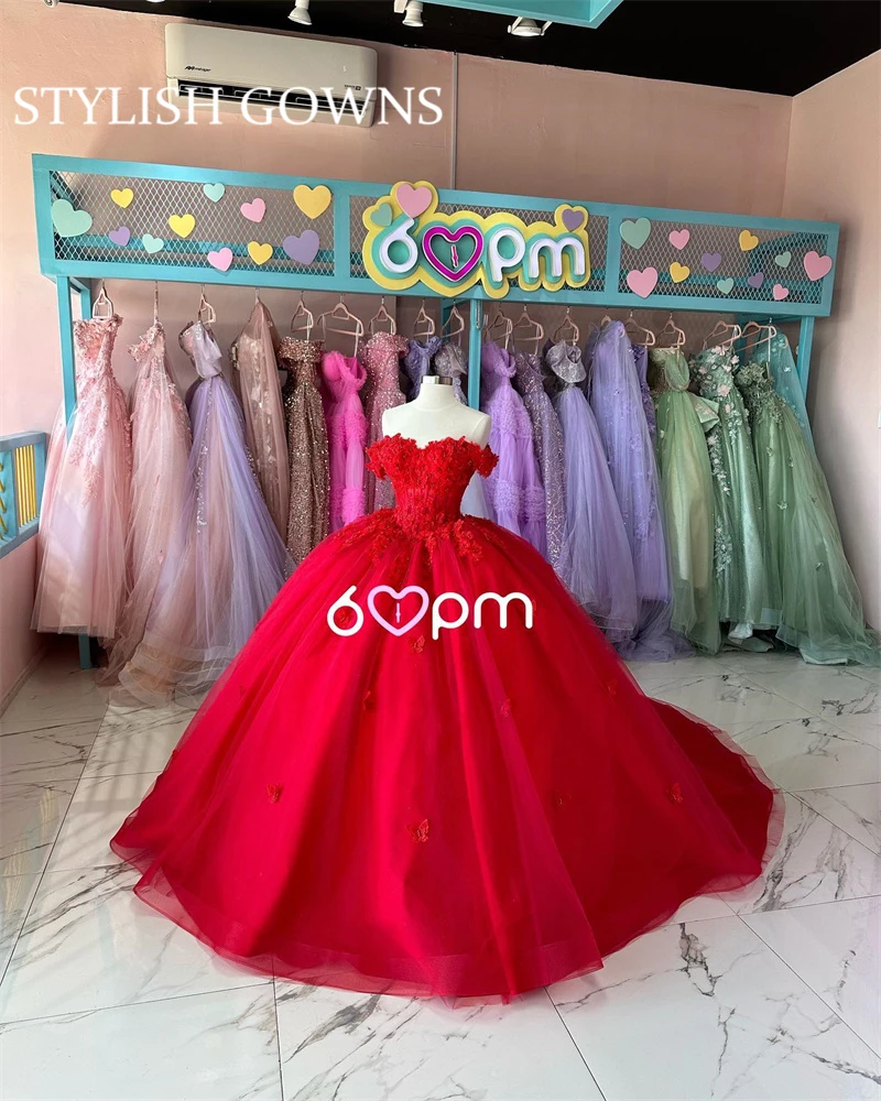 Vestido de baile de quinceañera rojo con cuentas de flores en 3D, vestidos formales de graduación, dulce vestido de princesa 15 16