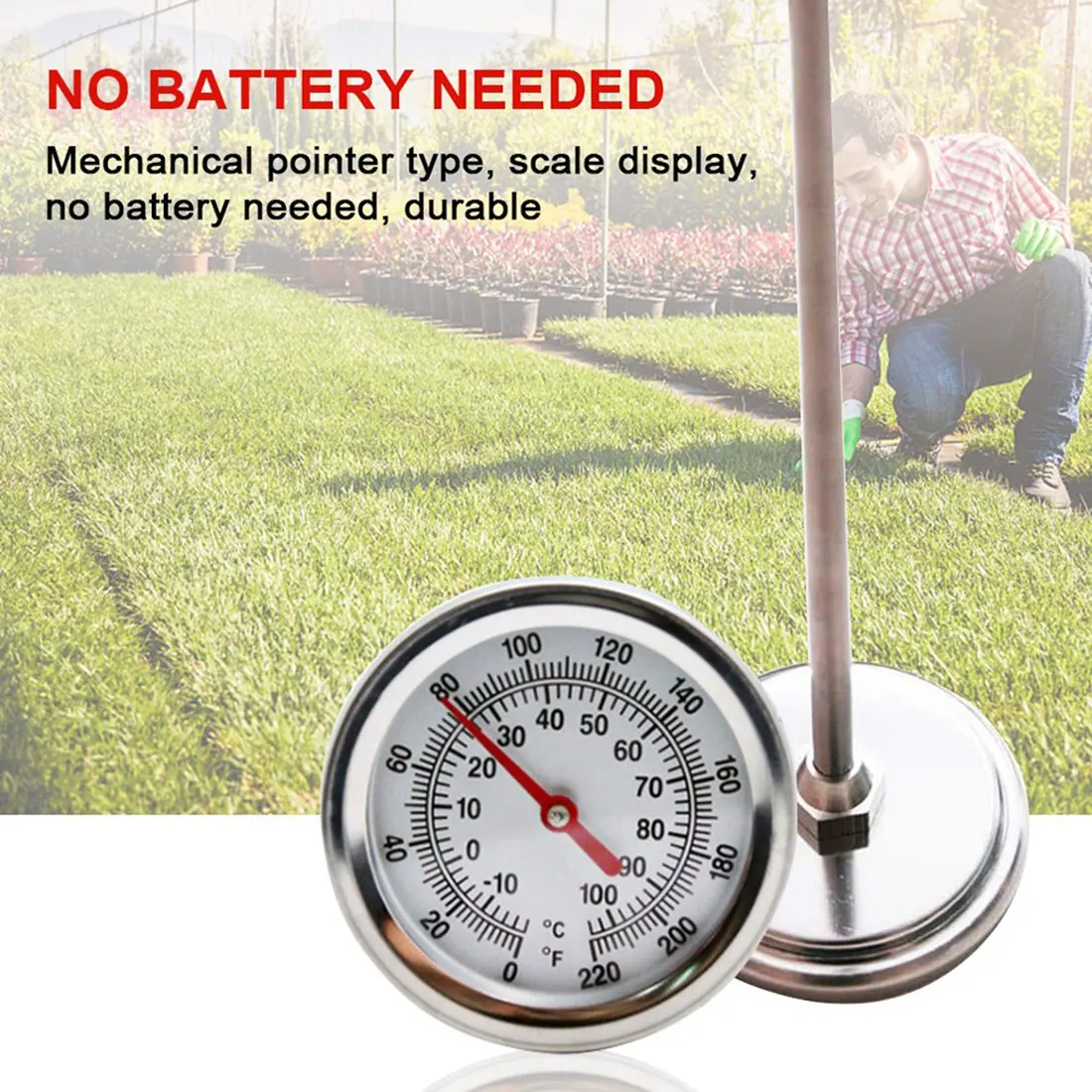 ¡El más nuevo! Termómetro de suelo de abono de tallo largo - Acero inoxidable de respuesta rápida de 20 pulgadas - Sonda de medición - Fahrenheit y Celsius