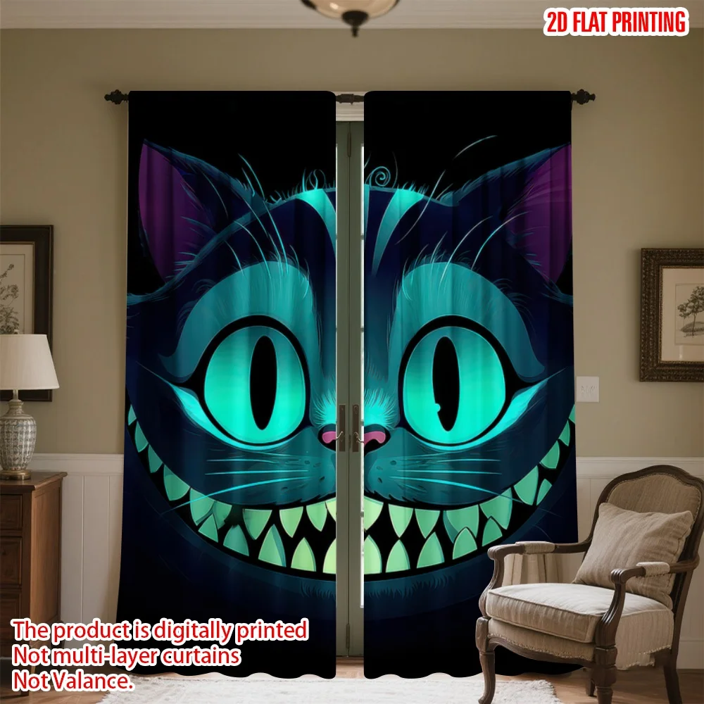 

2D flat printing 2pcs Window Curtains Whimsical Grinning Cat Digital Printed Polyester Drapes Party Decorations for Holiday Home