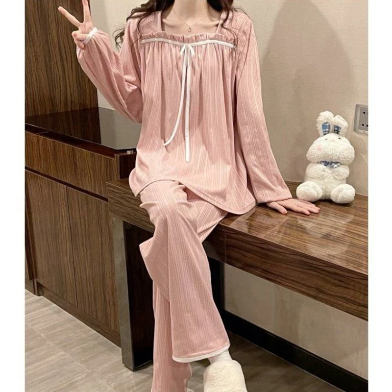 Square Collar Sleepwear Women Pajama Sets Piiama Autumn Pants Sets for Women 2 Pieces Long Sleeve Night Wears Bow Home Suit New