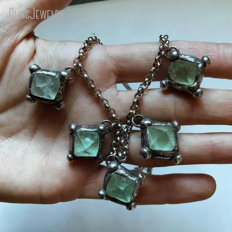 10pcs Rainbow Fluorite Octahedron Crystal Necklace Healing Stone Reiki Wicca Witch Jewelry Gift for Women