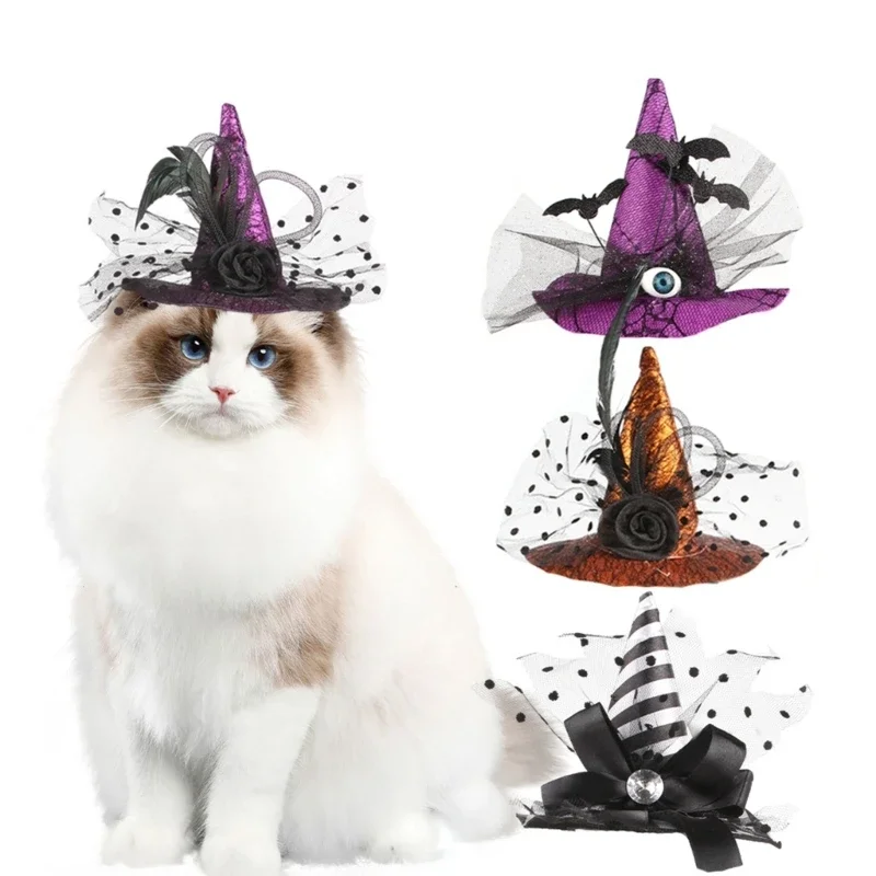 Pet Witch Hat Halloween Carnivals Photography Dogs Witch Hat with Stretch Chin Rope Parties Cosplay Hat for Small Dogs