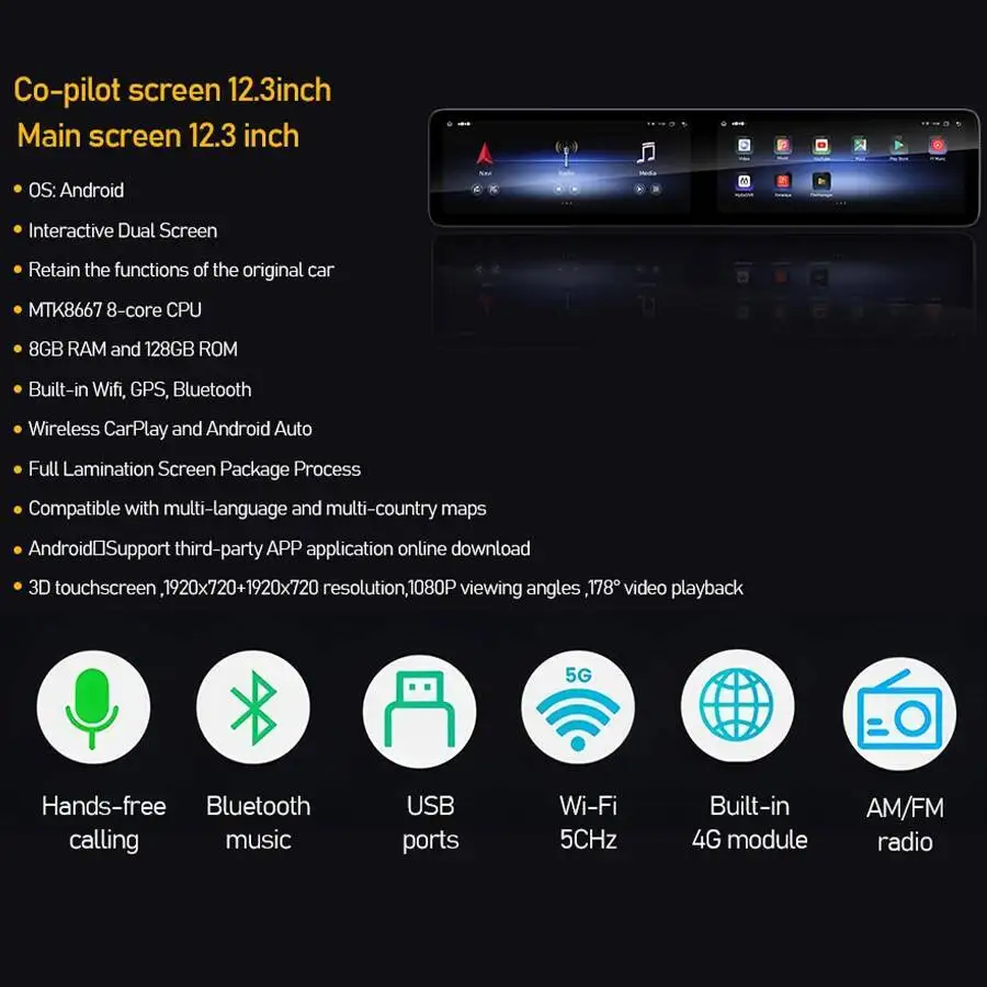 Android 15 Carplay Dual Screen For Benz GLK GLK200 GLK260 GLK300 GLK350 X204 2013-2015 NTG4.5 NTG5.0 Multimedia Video Player HU