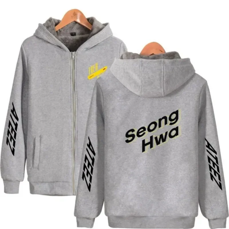 NEW ATEEZ KPopHooded Casual  Printed Thicken Zipper Hoodies  Winter unisex Fashion Thickened and Velvet Sweatshirt Sport Hoodie