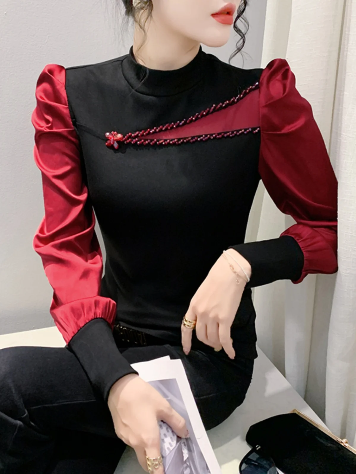 Women Full Puff Sleeve Beading Cotton T-shirts Girl Patchwork Contrast Color T Shirt Female Autumn Top