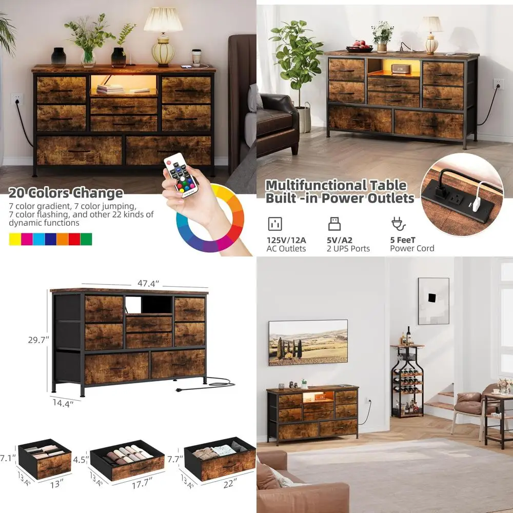 

Тумба под телевизор 55 дюймов с 8 ящиками, LED-подсветкой, розеткой и деревянной столешницей для хранения вещей в спальне, гостиной и прихожей