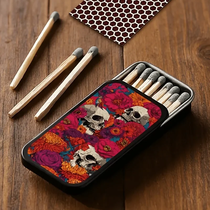 Vintage Printed Metal Match Box Empty Slide Top Tin Container Portable Storage Case for Matches Earrings Small Trinkets