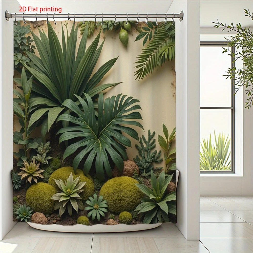 Tropical Plant Patterns Green Color Shower Curtain 2D Flat High Definition Print Nature Bathroom Home Decor with Hooks