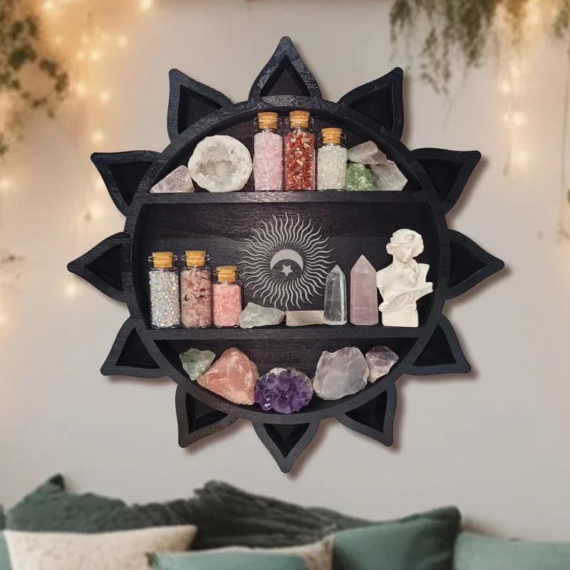 FNYDOX Crystal Shelf Display for Wall, Wooden Lotus Flower Crescent Moon Shelf, Decorative Home Floating,Boho Hanging Organizer