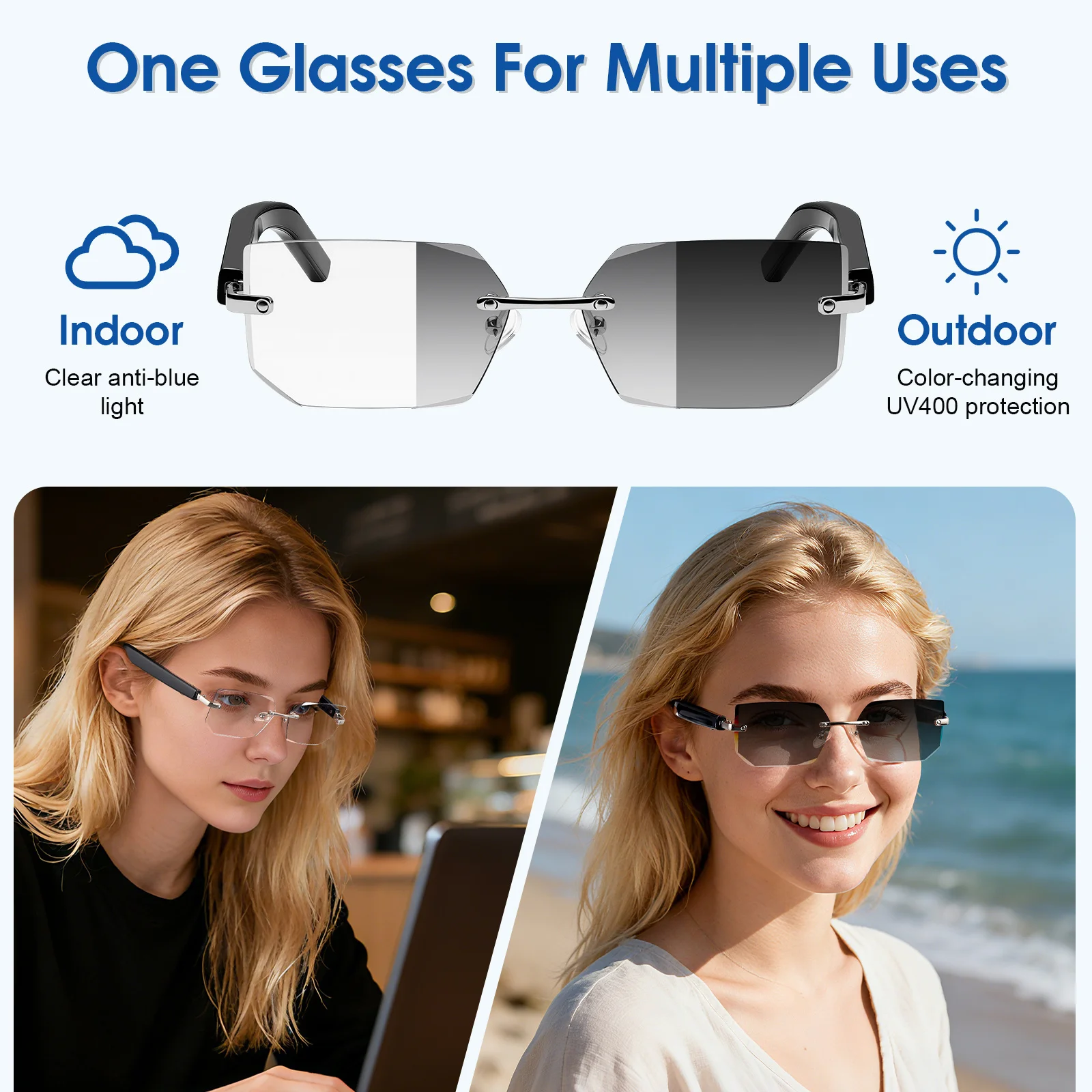 Stylish Bluetooth Sunglasses, Couples' Sunglasses, Photochromic Lenses, Open-Ear Design, Built-In Speakers, Clear Sound Quality, Wireless Calls, Smart Touch Controls, Answer/End Calls, Listen to Music, One-Touch Photo Capture