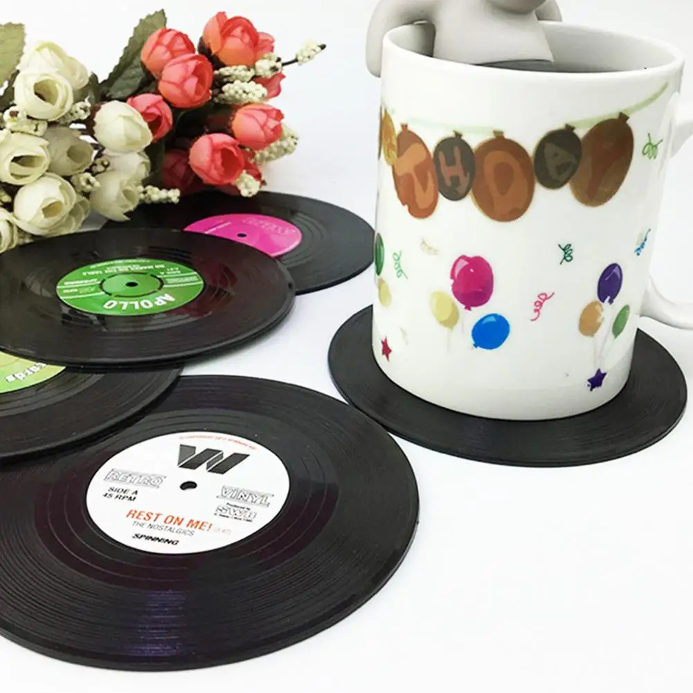 6Pcs Vinyl Coasters Holder Retro Record Coaster Disk Drink Mug Pad Mat Music Coasters Under Glass Anti-slip Coffee Mug Coasters