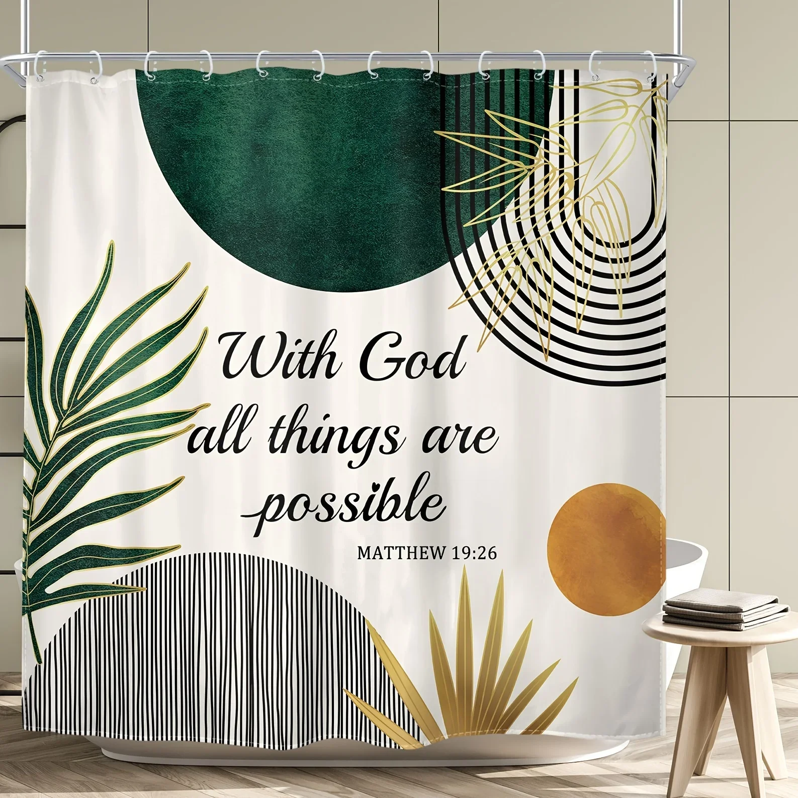 

Boho Bible Verse Shower Curtain - Mid Century Gold Leaves, Minimalist Arch Quotes, Waterproof Polyester, Green Bath Decor