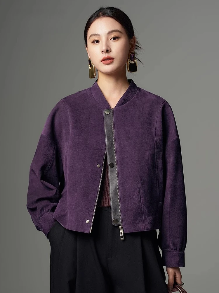 Chaqueta Bomber Vintage de cuero genuino para mujer primavera otoño 2026 nuevo abrigo de piel de cabra auténtica con estampado de ciervo Simple de gama alta