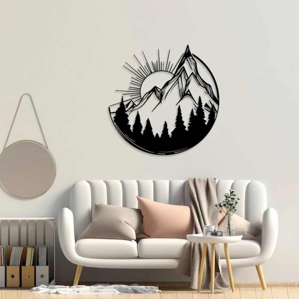 Modern Geometric Mountain Sunset Metal Wall Art - Minimalist Line Decor