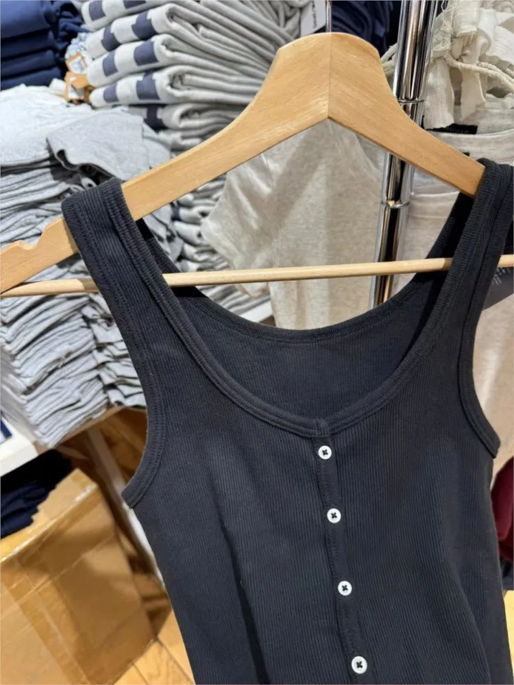 

Black Basic Ribbed Slim Tank Top Women All-match U Collar Single Breasted Sleeveless Camisole Simple Vintage Vest Tops New Y2K