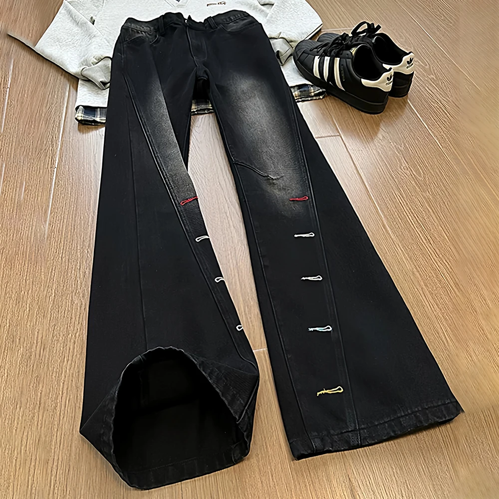 

Black Washed Gradient Flared Jeans Men Women Trendy Embroidered Buttonhole Design Half Elastic Waist Denim Pants Casual Pants