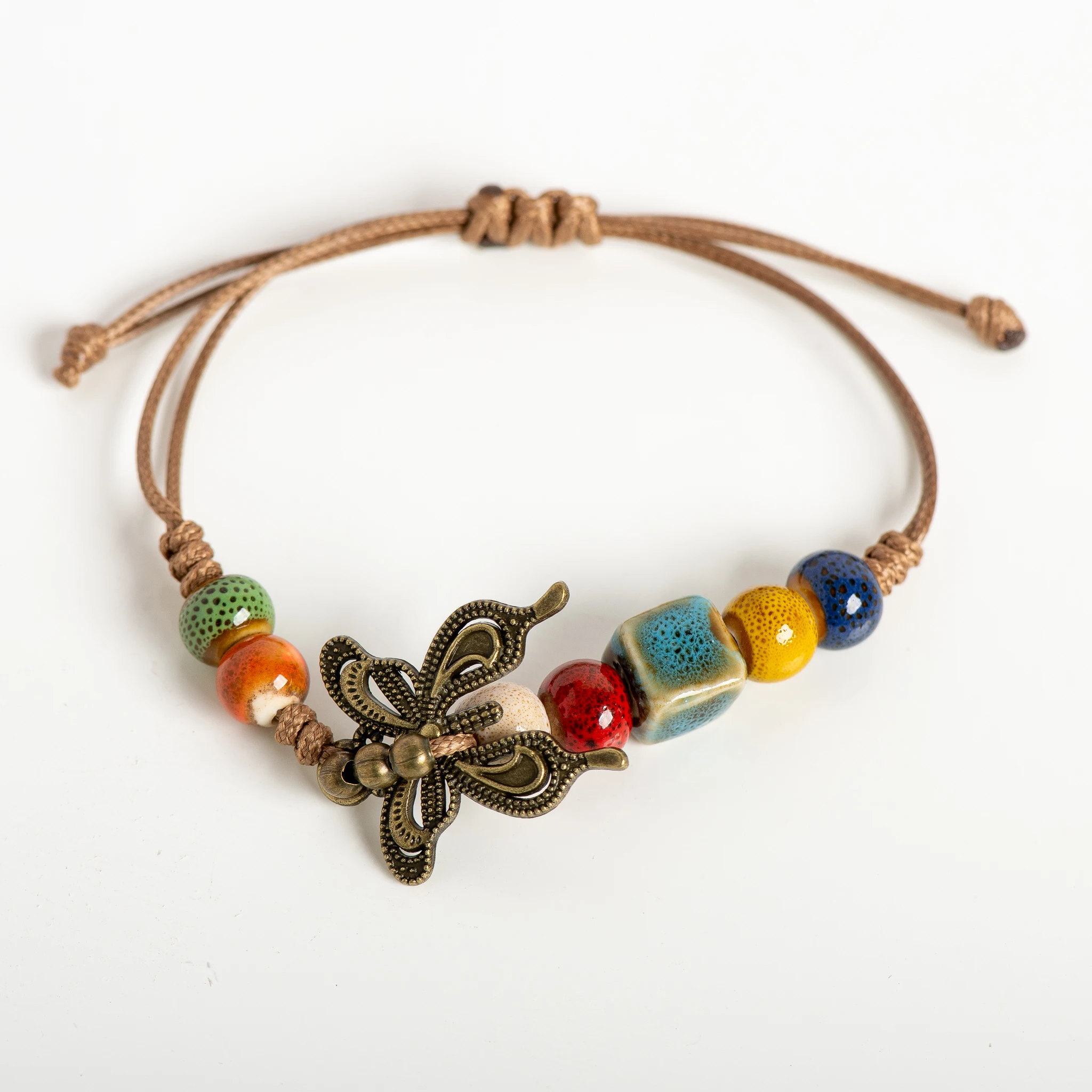 Vintage Multicolor Butterfly Ceramic Bead Bracelet Adjustable Handmade 15-25cm