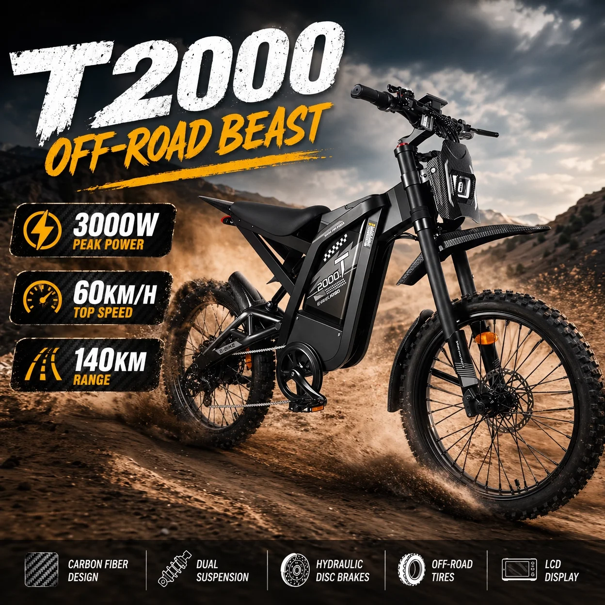 OUXI T2000 Adults Ebike Full Suspension Electric Dirt Bike with 3000W Peak motor 1440WH Battery E-ABS Brake Off-Road MTB E-Bike
