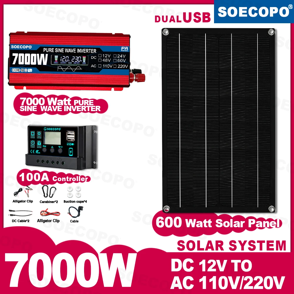SOECOPO 7000 W tragbares Solarsystem-Set, 600 W Panel, reiner Sinus-Wechselrichter, 12 V bis 110 V/220 V, 100 A-Controller für Campinghaus