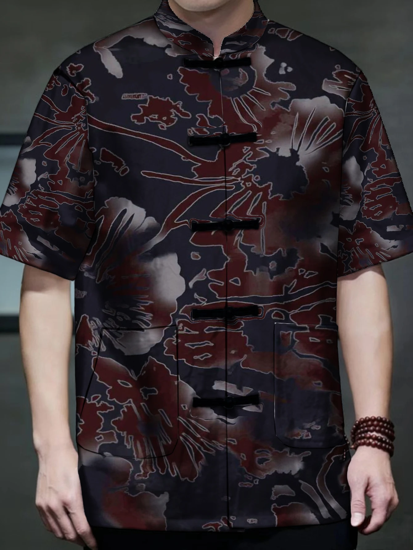 Men Mandarin Collar Frog Button Short Sleeve Shirt Floral Mountain Ink Tie Dye Print Traditional Top