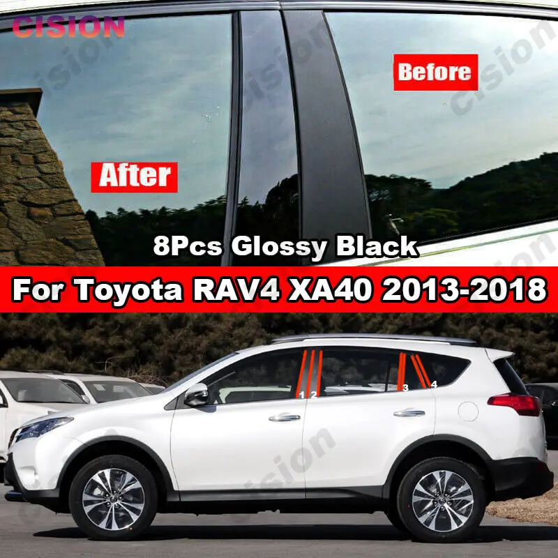 8x Mirror Effect Car Window Door Column B C Pillar Post Cover Trim for Toyota RAV4 XA40 2013-2018 Carbon Fiber Black PC Sticker