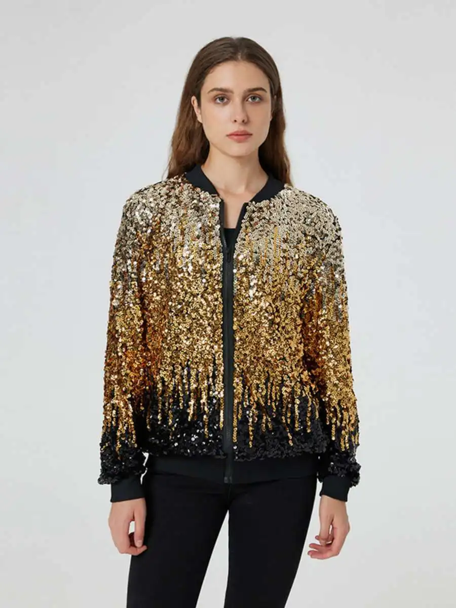 

iny Sequin Long Sve Zipper Jaet Baseball Sle Men's Faion Hip Hop Outerwear Spring 2024 Polyester Fabric