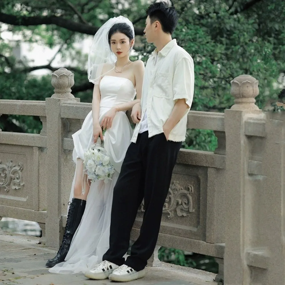 Simple Strapless Light Wedding Dress Satin A Line High/Low White Dress for Bride Gown Outdoor Wedding Shooting Props