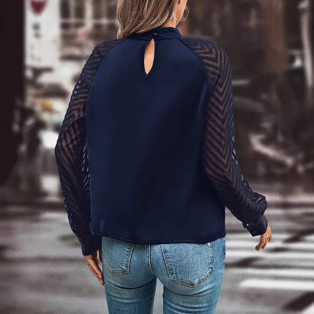 Blusa elegante de oficina para mujer, Tops de primavera 2026, nueva camisa de gasa de malla con empalme de cuello medio alto, Top de manga larga para mujer
