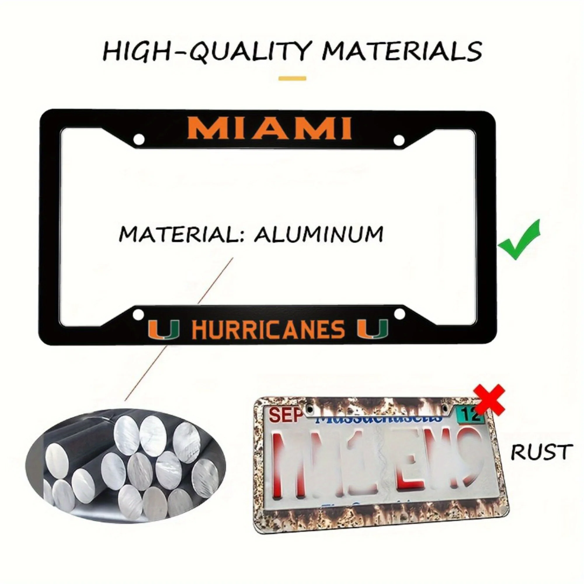 1pc Aluminum Decorative and Innovative Design of License Plate Frame, Matte Black for Miami Hurricanes, For Decoration, 31X16cm - view 3