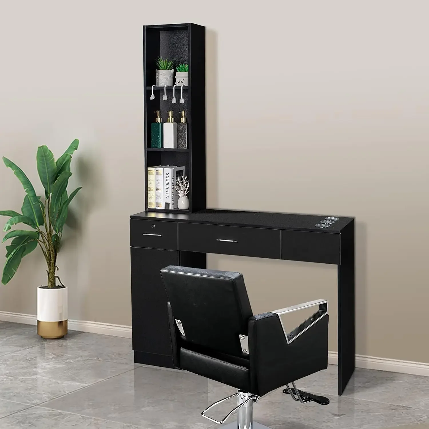 Barber Station Wall Mount Salon Hair Styling Beauty Spa Equipment w/ 2 Drawers, 1 Storage Cabinet, 3 Open Shelves (Black)