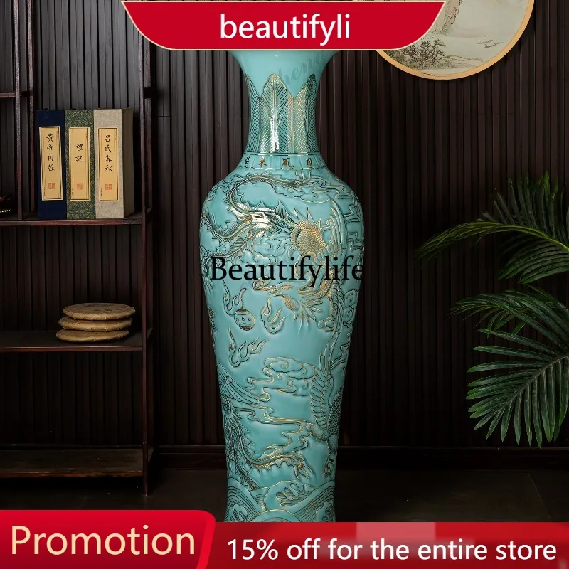 01A Jingdezhen ceramics sapphire glaze hand-painted new Chinese floor-to-ceiling vase celadon ornament
