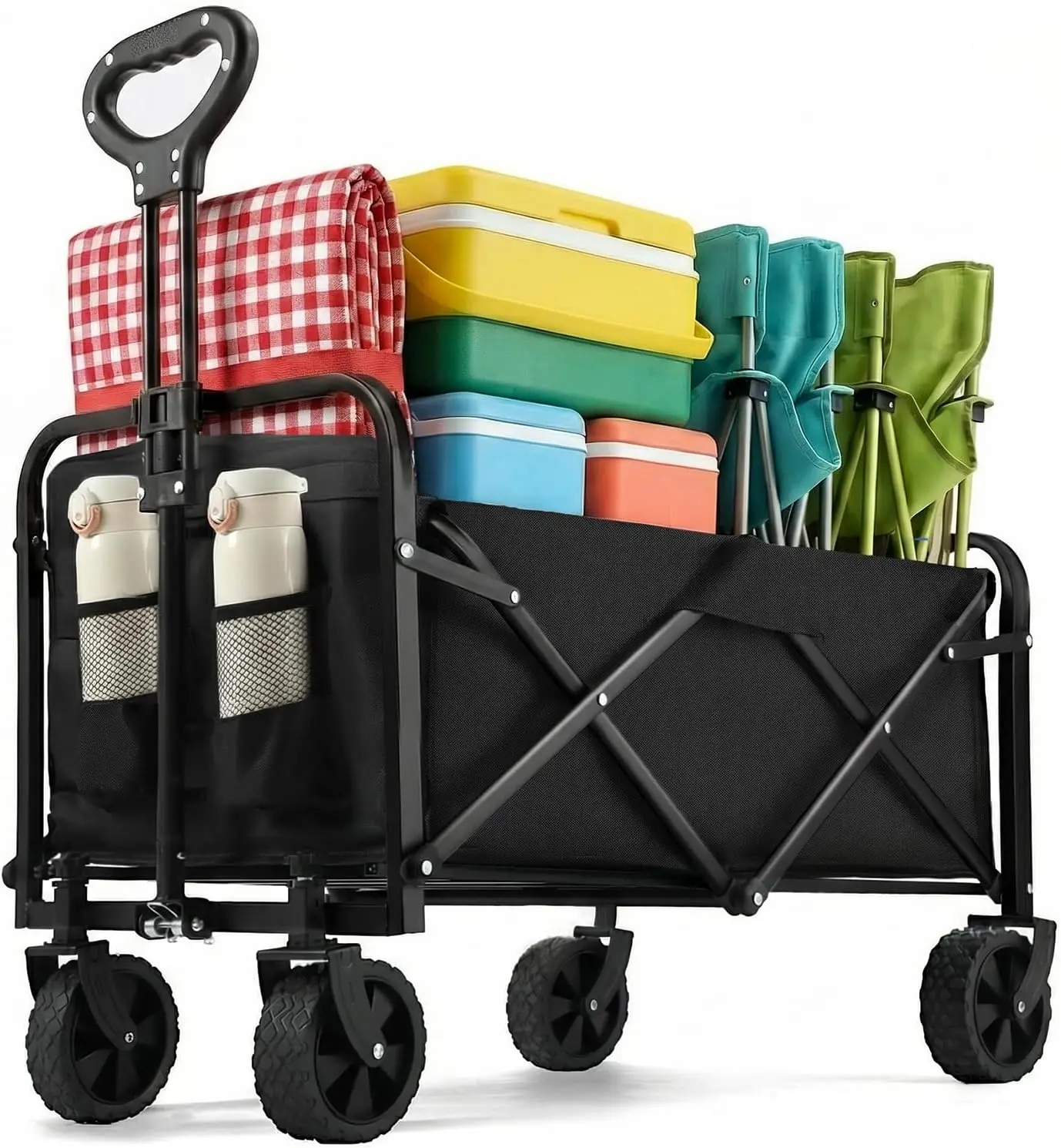 

Складная тележка-вагончик с внедорожными колесами, складная, для продуктов, пляжа, кемпинга - выдерживает до 220 фунтов, портативная универсальная тележка