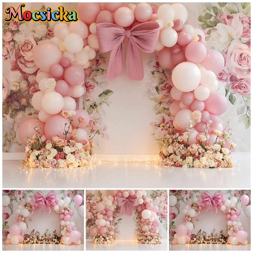 Mocsicka Pink Balloon Bow Photography Backdrop Floral Rose Background Birthday Baby Shower Girl Wedding Studio Banner Photoshoot