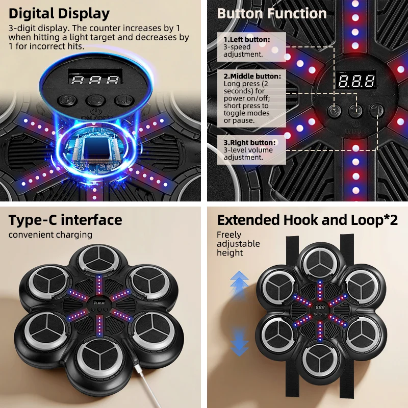 Zabawki dla dzieci Inteligentna 6-klawiszowa bokserska tarcza do treningu sensorycznego, zdolności reakcji, prędkości i rytmu, sprzęt sportowy, wbudowana akumulatorowa bateria 500 Mah, bezpłatny kabel ładujący typu C.