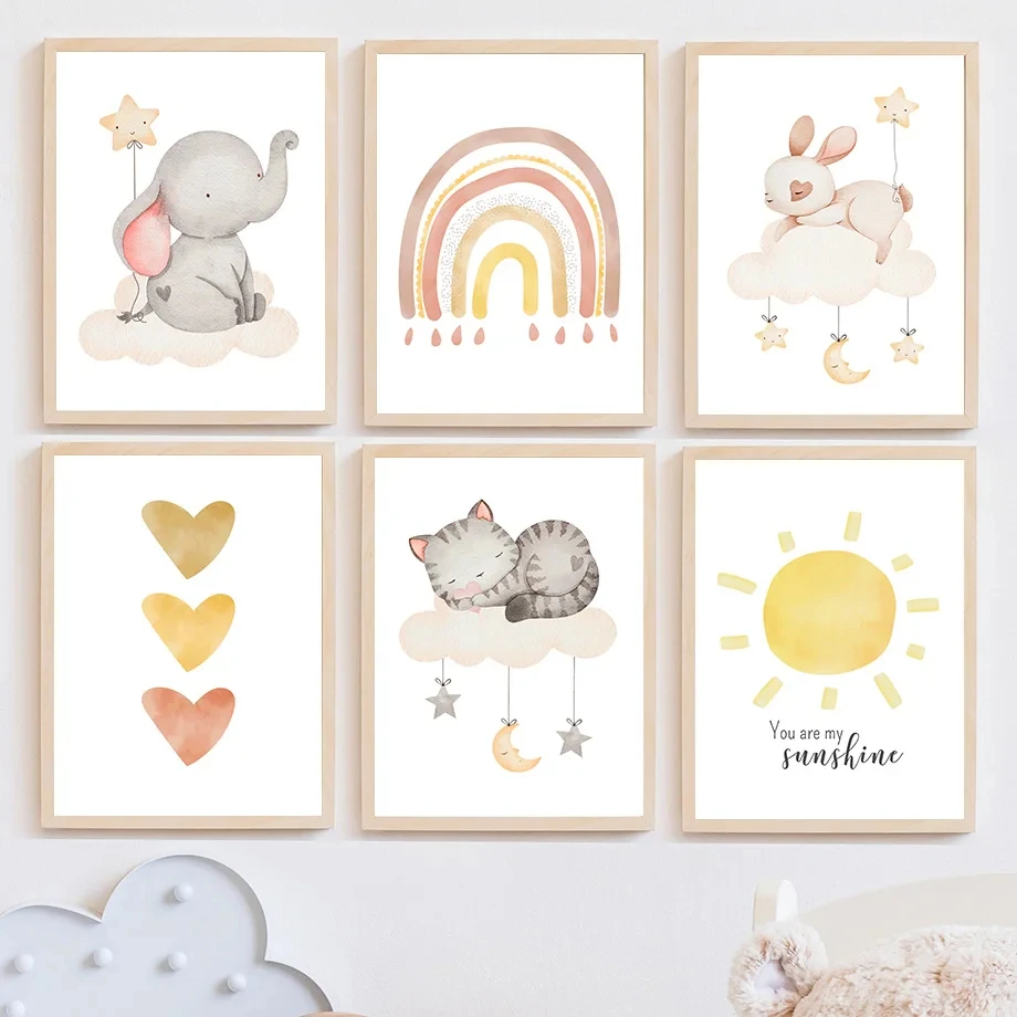 Elephant Rabbit Cat Wall Art Canvas Painting  Sun Rainbow Moon Star Cloud Boho Posters And Prints Wall Pictures Kids Room Decor