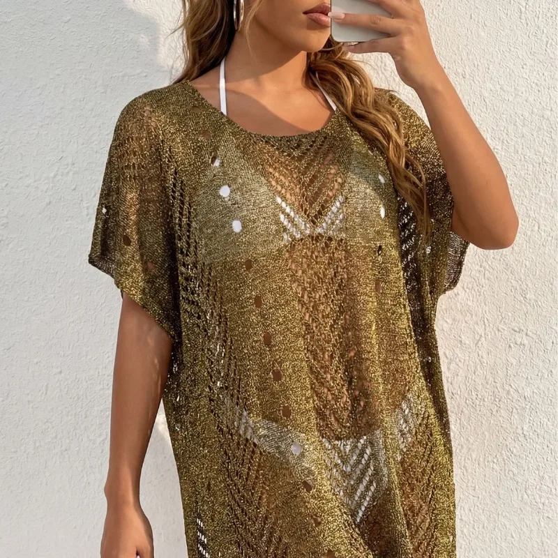 Women Lurex Knit Beach Cover Up Dress Hollow Out Short Sleeve Side Split Bikini Cover For Summer Beach