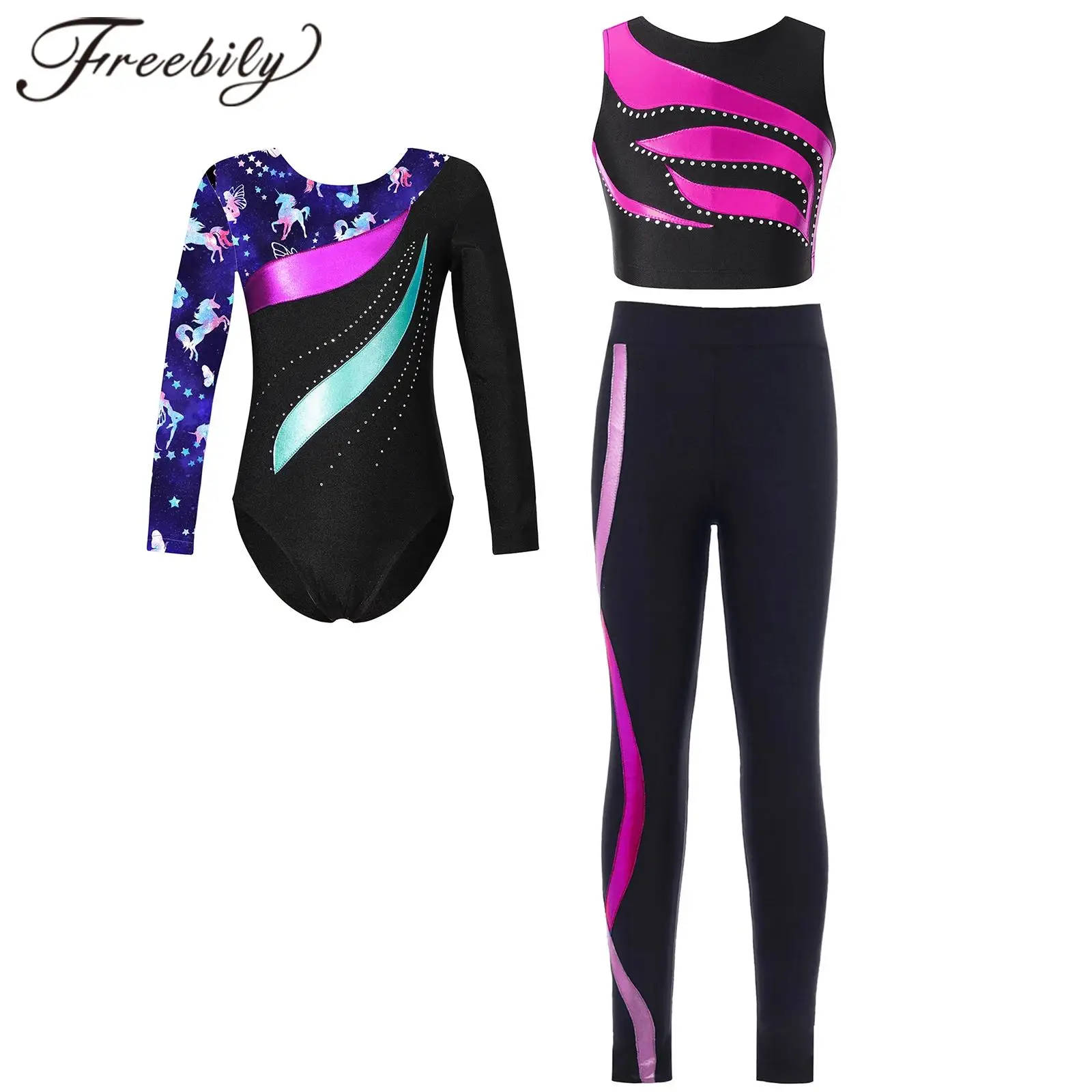 Children's Gymnastics Jumpsuit Ballet Dance Outfit Acrobatics Bodysuit Patchwork Printed Leotard with Crop Top Leggings Yoga Set