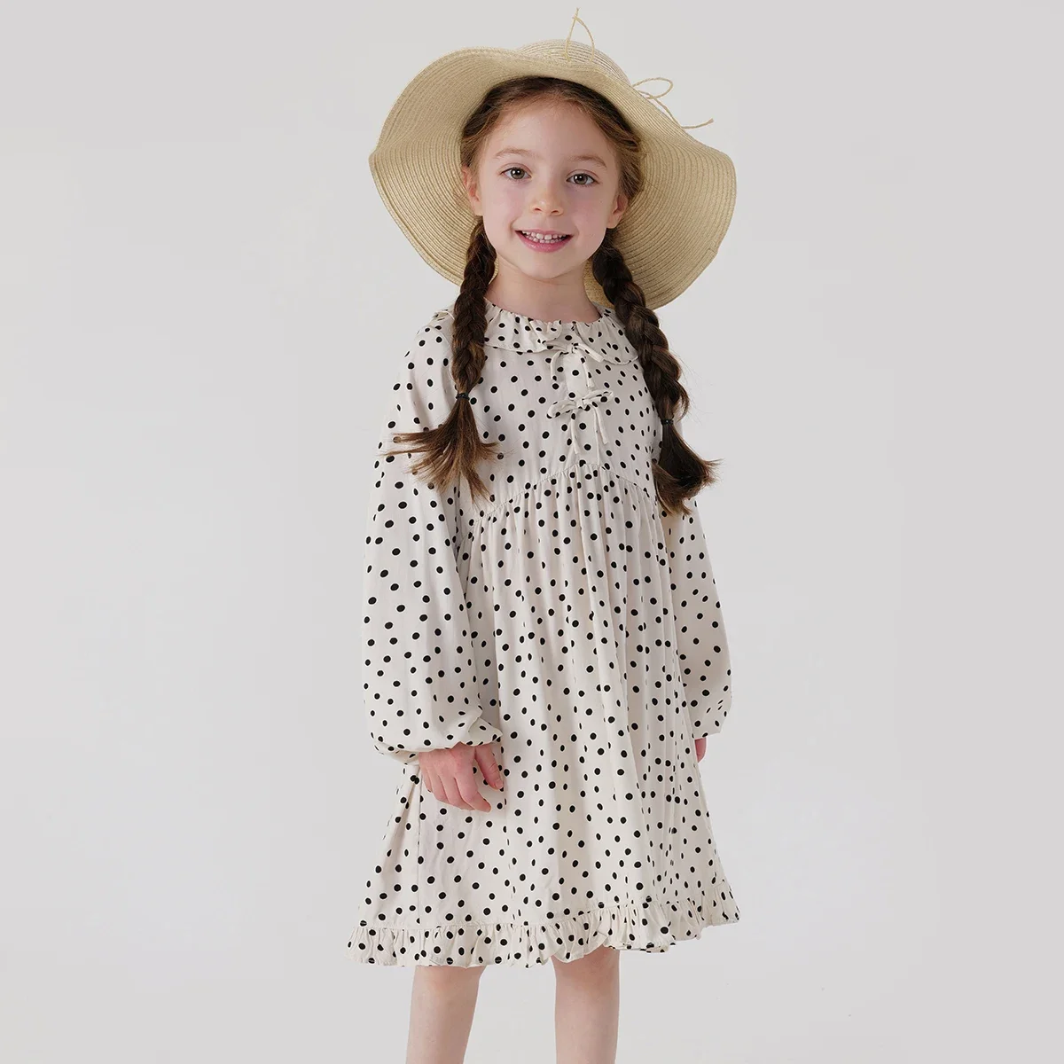 MARC&JANIE Girls Lace Collar Bow Polka Dot Dress Children's Dresses for Spring 240232