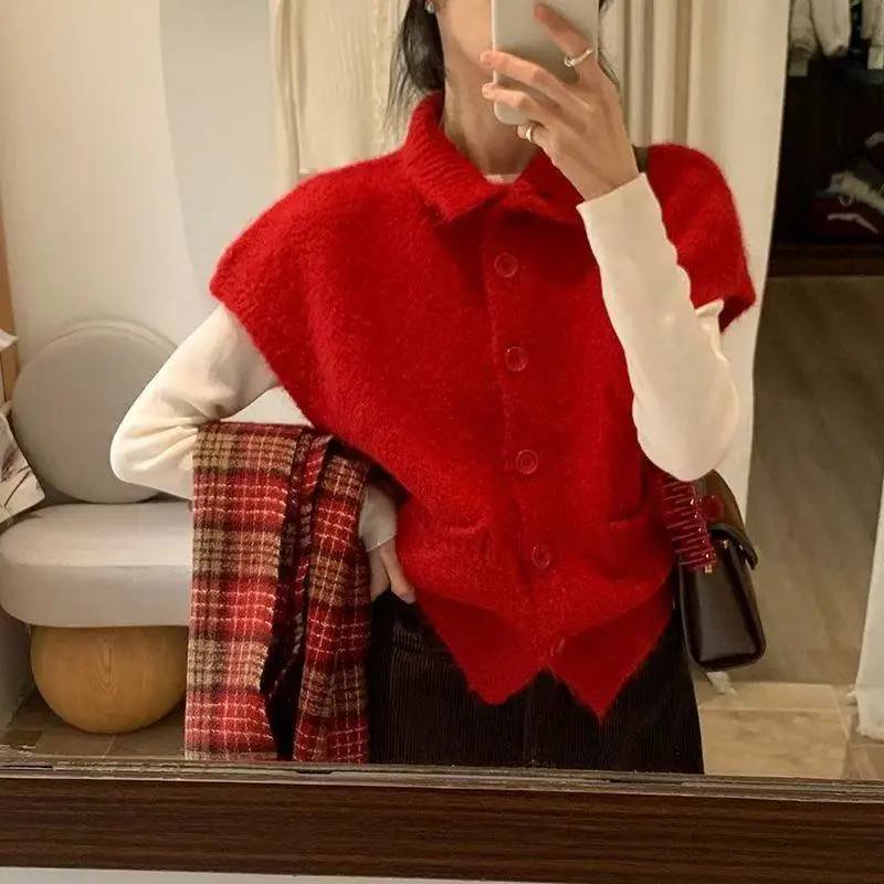 Sleeveless Knit Turn-down Collar Cardigan Tops Korea Chic Ins All-match Veste Femme Slim Age Reduction Casual Soft Coats