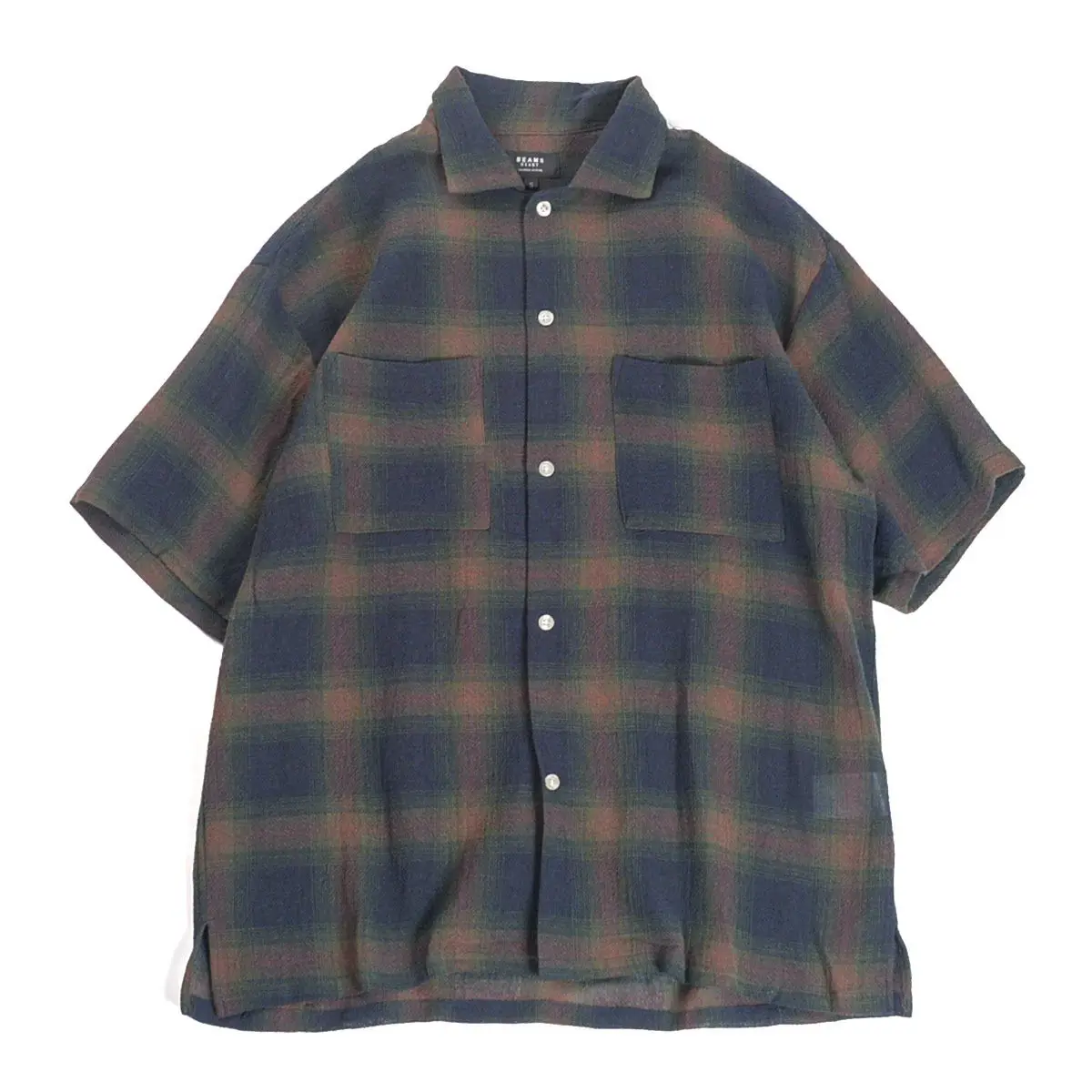 BEAMS HEART Men's Japanese Retro Plaid Short Sleeve Shirt Turn-down Collar Loose Casual Shirt