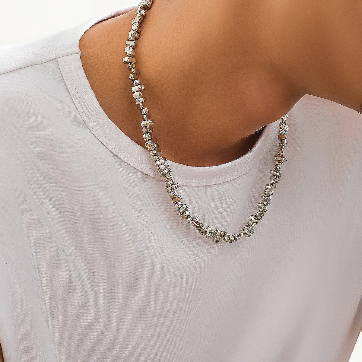 Ingemark Retro Silver Color Irregular CCB Bead Chain Necklace Unisex Vintage Adjustable Link Choker Grunge Jewelry Steampunk Men image 3