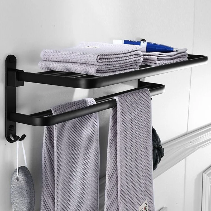 

Black Nail Free Installation Folding Towel Racks Hotel Robe Hooks Kitchen Wall Storage Hanger Holder for Bathroom Accessories