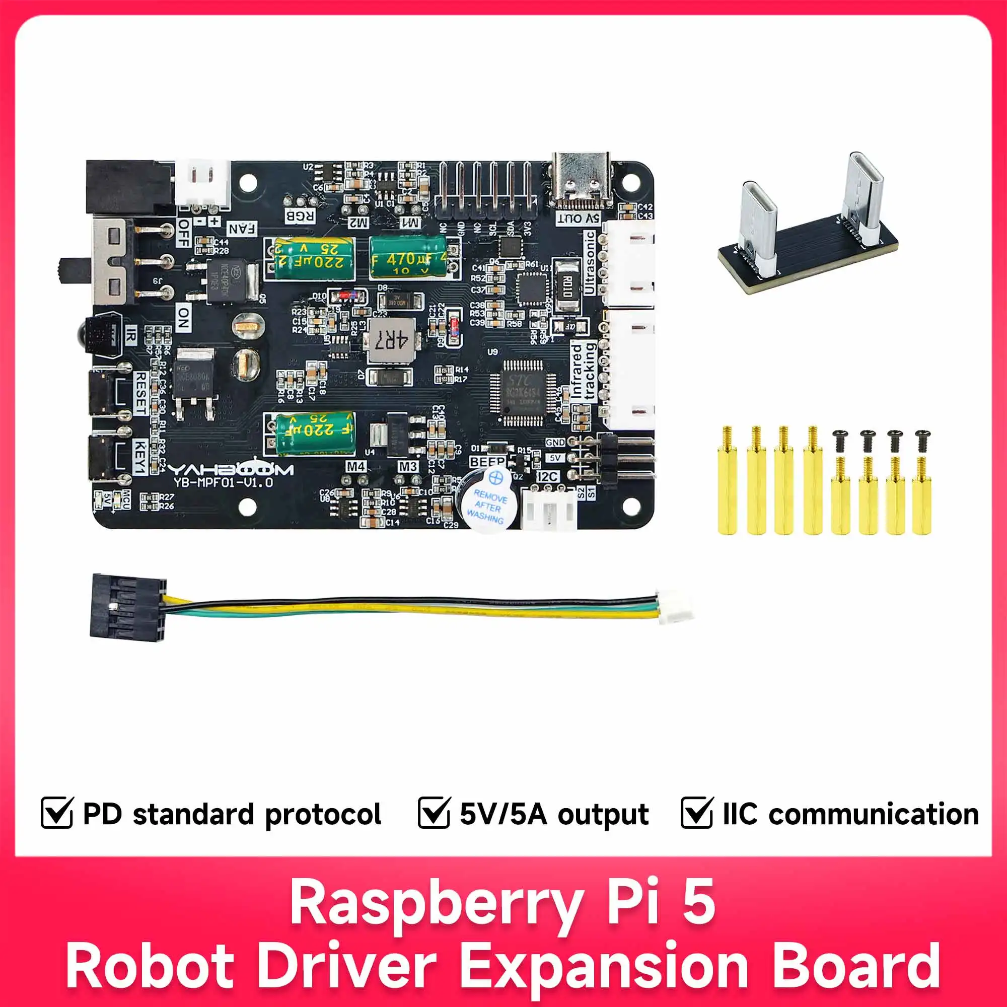 لوحة توسيع روبوت Yahboom Raspberry Pi 5 مع بروتوكول توصيل الطاقة PD ، وحدة مستشعر دعم ، تطوير روبوتي محرك الأقراص