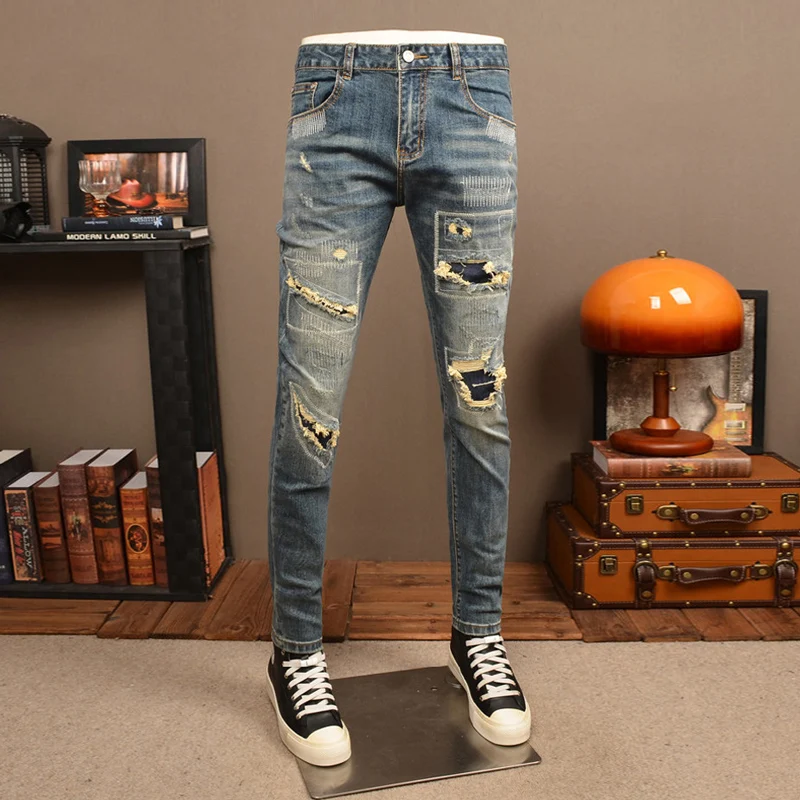 Fashionable new men's jeans, scratch washed, perforated, patched, washed, nostalgic, elastic, slim fit, retro blue jeans, design