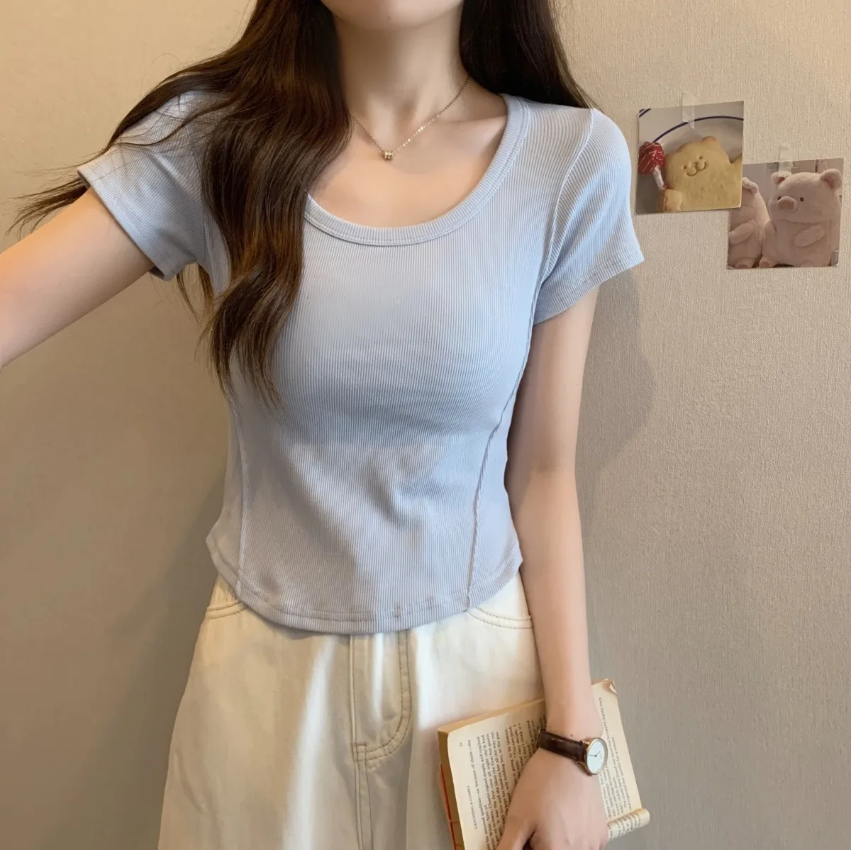 Low Cut Korean Fashion Crop Tops Women Sexy Kpop Y2K T-shirts Retro Slim V-neck Harajuku Tees Kawaii Cheap Clothes Woman Tshirts