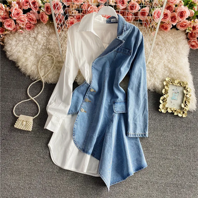 

Spring 2025 Faion Asymmetrical Denim Patchwork Long Sve irt Dr Skirt Suit Ladies High Waist Irregular Skirt
