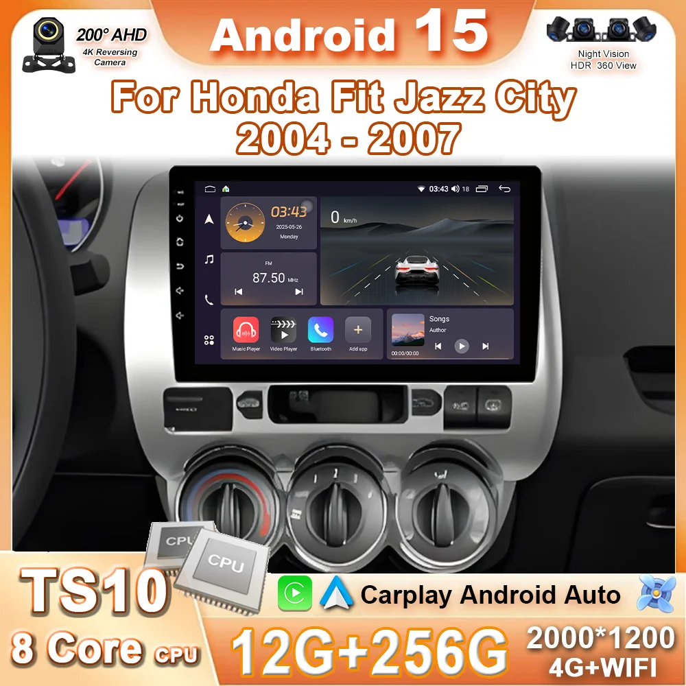 Android 15 Carplay For Honda Fit Jazz City 2002-2007 Car Radio Navigation GPS Stereo Head Unit Android Auto No 2din DVD Wifi 5G